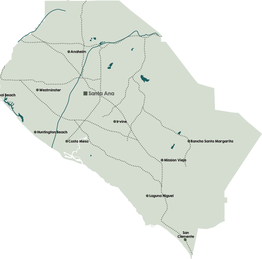 Map graphic for mobile physical therapy in South Orange County